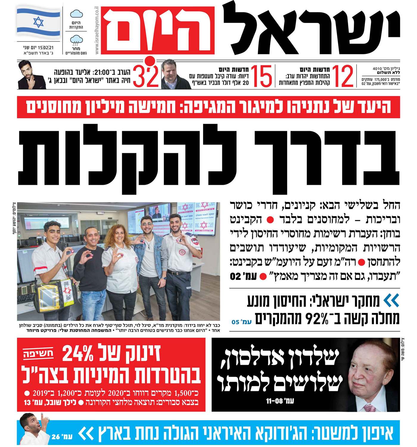 שער עיתון ישראל היום – 15.02.2021