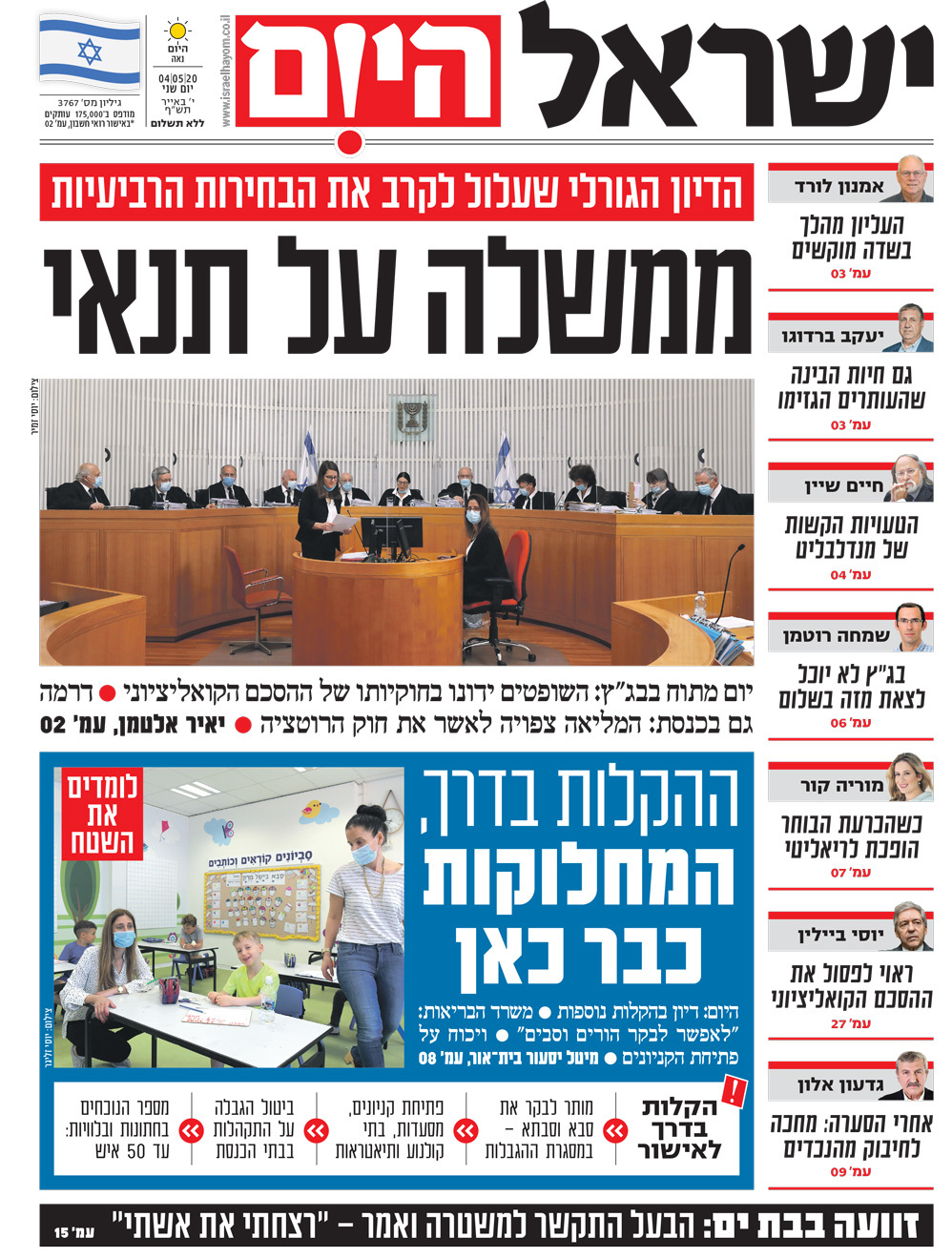 שער עיתון ישראל היום – 4.5.2020