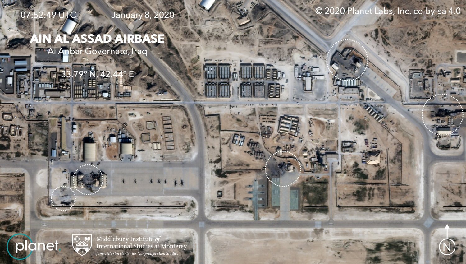 צילום אווירי של הפגיעות בבסיס האמריקאי בעין אל אסד שהותקף על ידי אירן